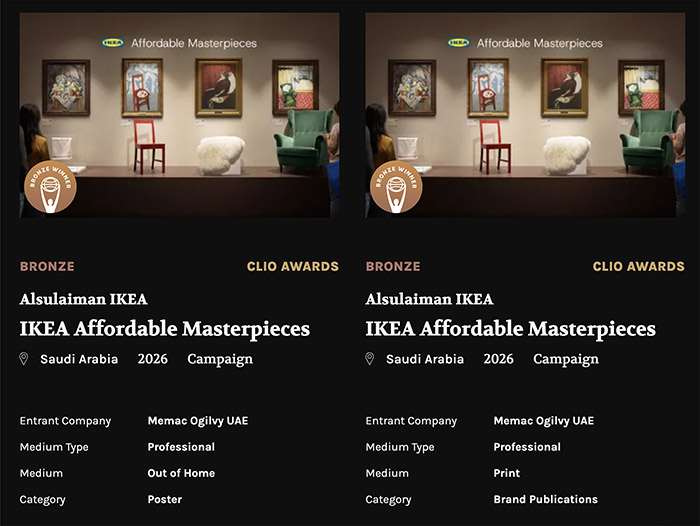 IKEA, Clio, Alsulaiman IKEA, Affordable Masterpieces, Clio Awards, Bronze, Memac Ogilvy UAE, Bronze Winner, Clios, Billy, Hildegun, Pinntorp, Strandmon, Ullerslev